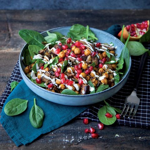 Salade de riz sauvage pois chiches et aubergine rôtie