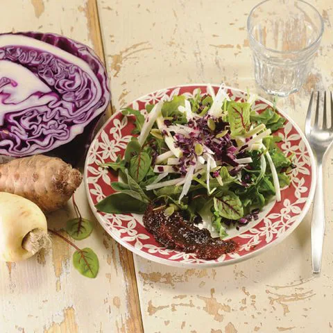 Salade de légumes oubliés et crème de pruneaux