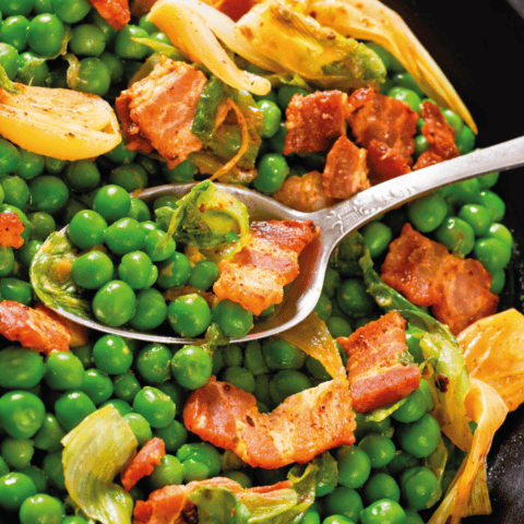 Petits pois au speck, tofu, gingembre et curcuma
