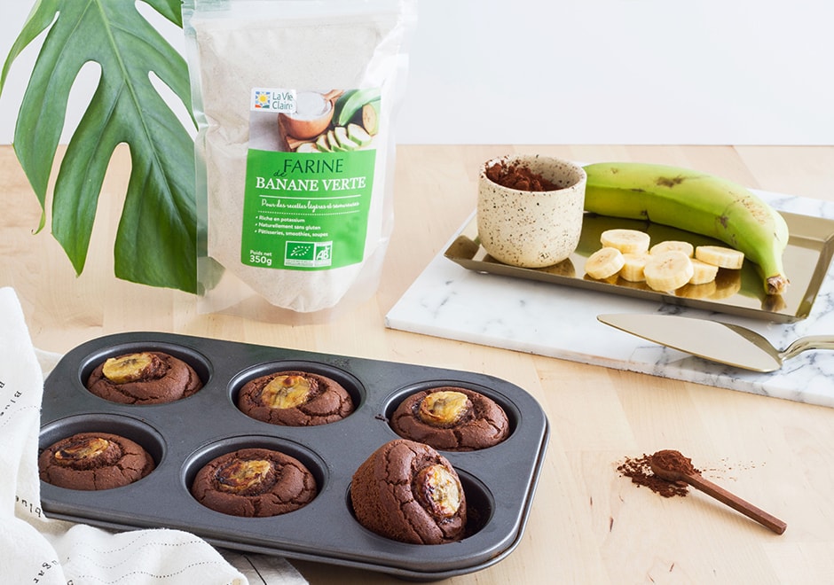 Muffins banane/chocolat à la farine de banane verte
