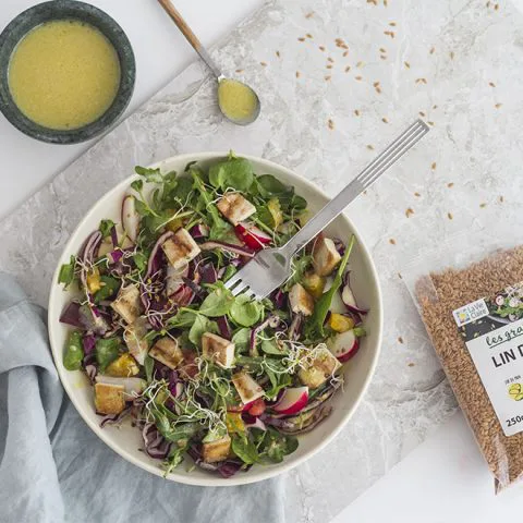 Salade hivernale au tofu, à l’orange et aux graines de lin doré