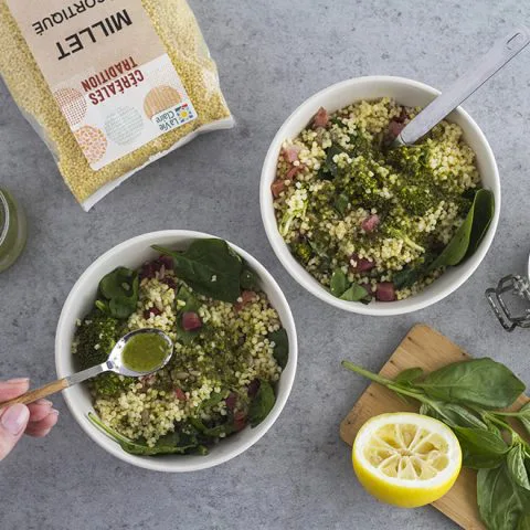 Millet et lardons en salade parfumés au citron et basilic