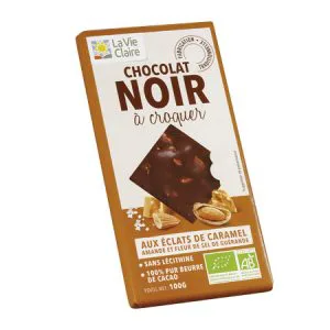 Tablette de chocolat noir bio 56 % aux éclats de caramel, amandes et fleur de sel de Guérande