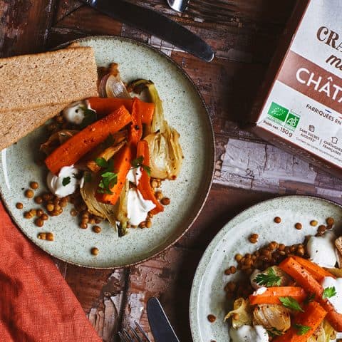 Carottes à la harissa, fenouil, lentilles et craquines de châtaigne