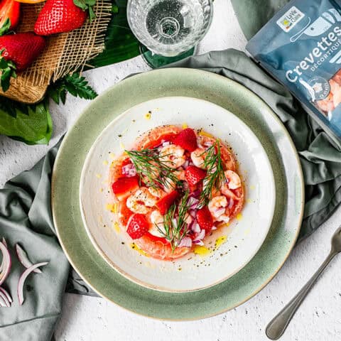 Ceviche crevettes, pomelos et granité fraise