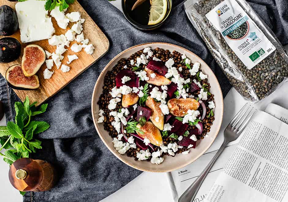 Salade de betterave rôtie, lentilles, figue et feta