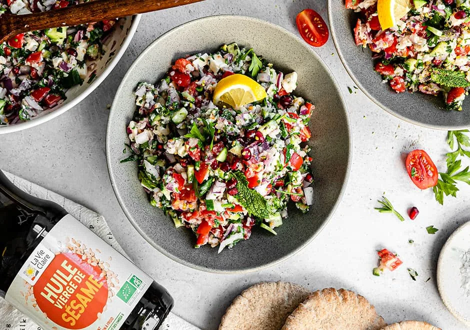 Taboulé de feta, chou-fleur et grenade