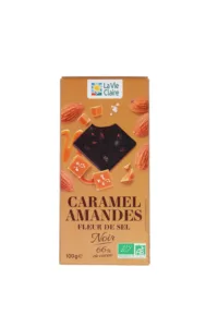 Tablette de chocolat noir aux éclats d'amandes, de caramel et de sel bio
