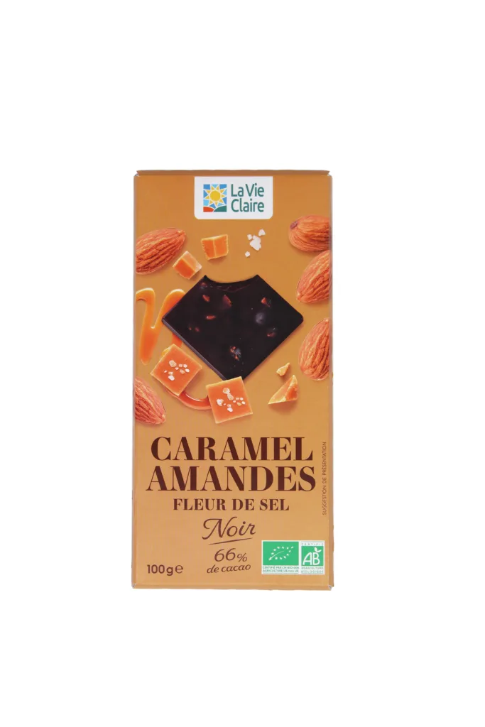 Tablette de chocolat noir aux éclats d'amandes, de caramel et de sel bio