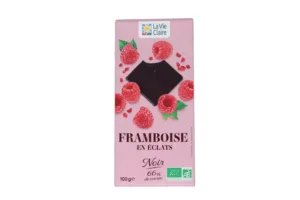 Tablette de chocolat noir aux éclats de framboise bio