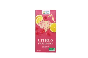 Tablette de chocolat blanc citron, framboise bio